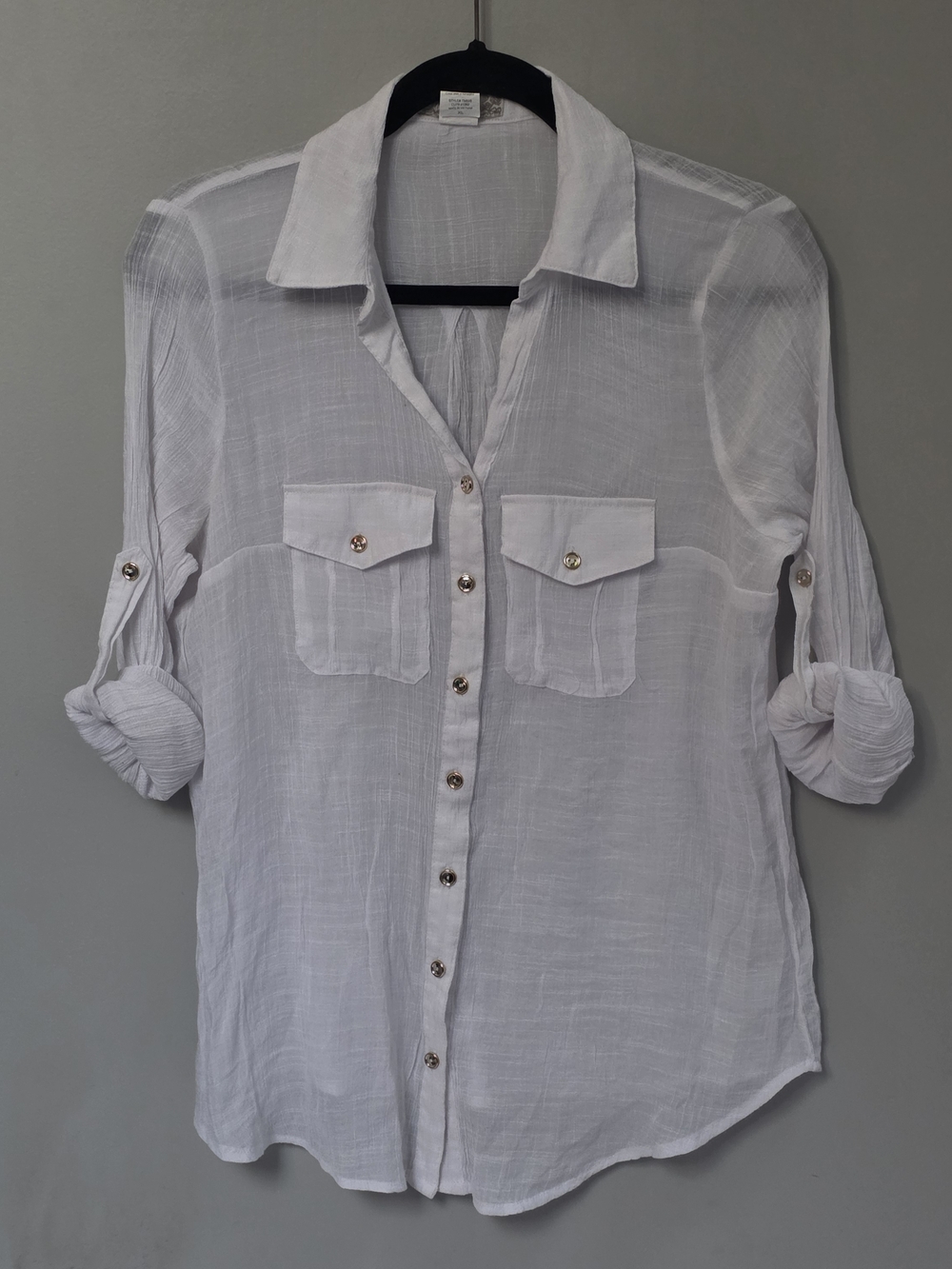 Women's White Button-Down Shirt with Roll-Tab Sleeves